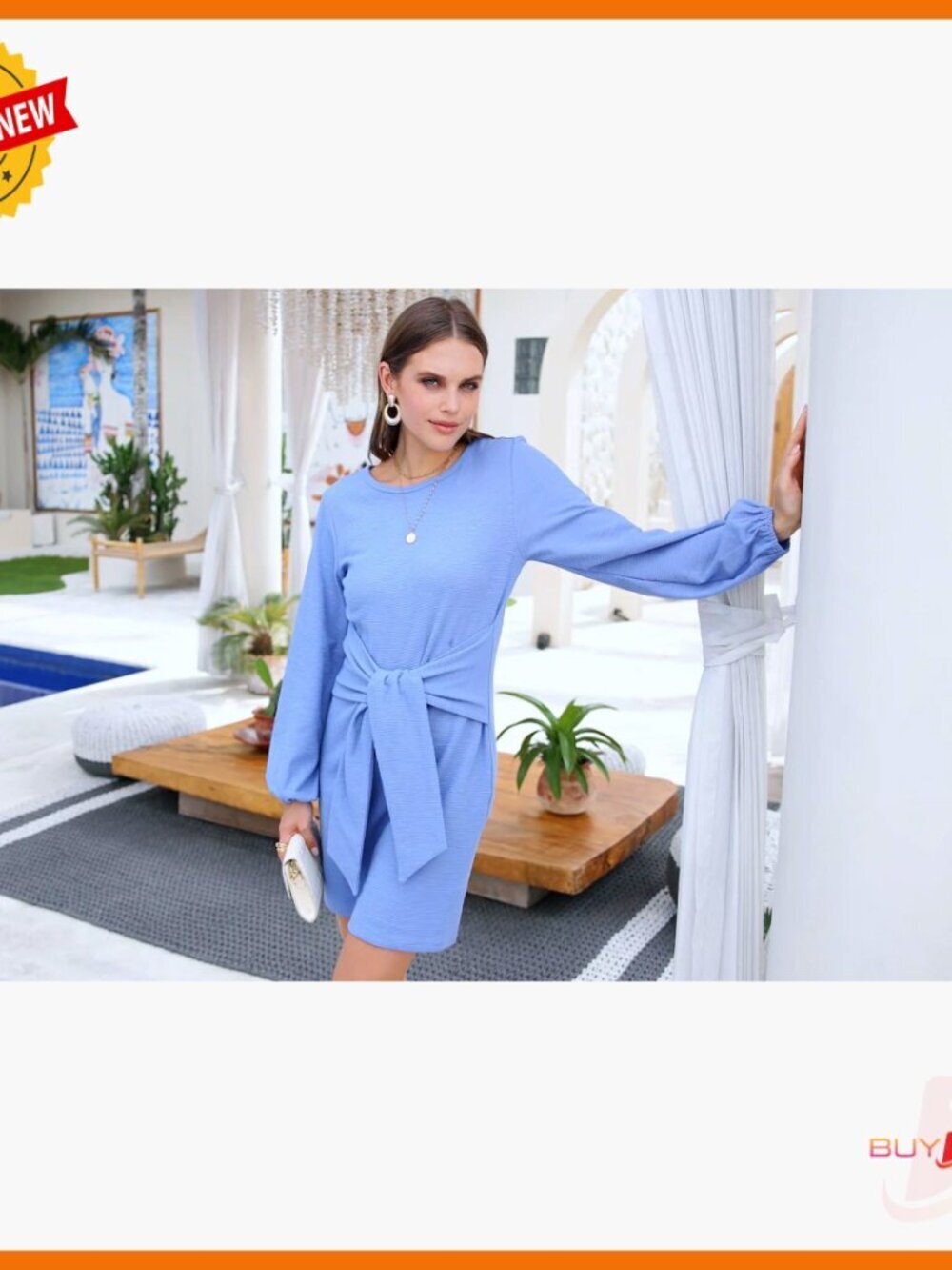 Long Sleeve Knit Cocktail Dress with Tie Waist and Lantern Sleeves - Picture 6 of 7